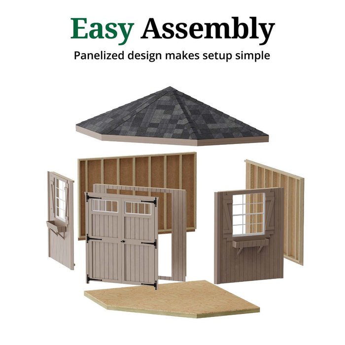 Exploded view of the Little Cottage Co. Colonial Five-Corner Shed showing panelized walls, roof, doors, and floor components.
