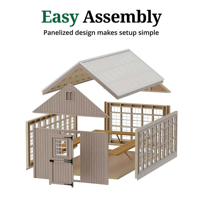 Exploded assembly view of the Colonial Gable Greenhouse from Little Cottage Co., showing panelized design for simple setup.