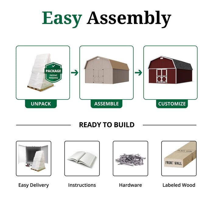 Step-by-step assembly guide for the Little Cottage Co. Classic Gambrel Large Barn showing unpacking, assembling, and customizing stages with labeled wood, hardware, and instructions.