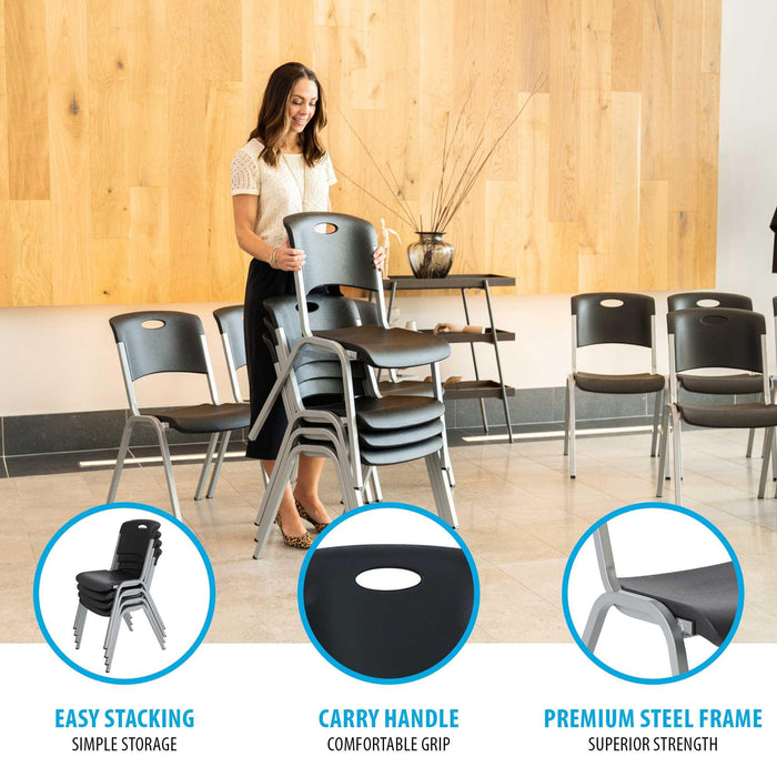 Woman stacking chairs from the Lifetime 4 Pack Stacking Chair set highlighting carry handle and steel frame.
