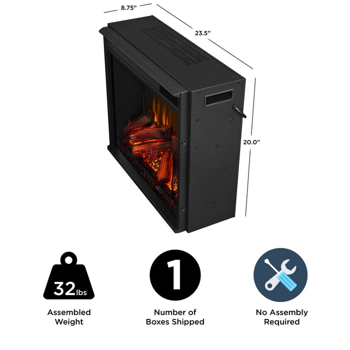 Real Flame 4199 Standard electric fireplace insert shown at angle with dimensions 23.5"W x 8.75"D x 20"H, 32 lbs, ships in 1 box, no assembly required