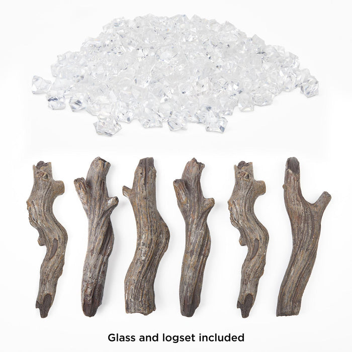 Electric fireplace log set and crystal glass filler detail infographic for the Real Flame Malie