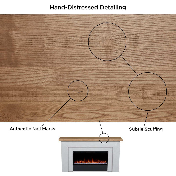 Electric fireplace mantel Malie detail view showing front panel finish and hearth design