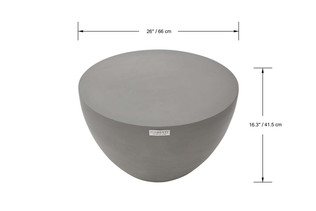 Dimensions of the Elementi Chronos Series small coffee table in space grey, showing its 26-inch width and 16.3-inch height.