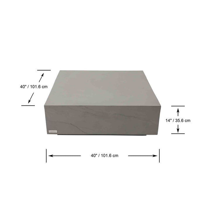 Dimension illustration of Elementi Colorado Series Space Grey Square Large Coffee Table, showing width, length, and height measurements.