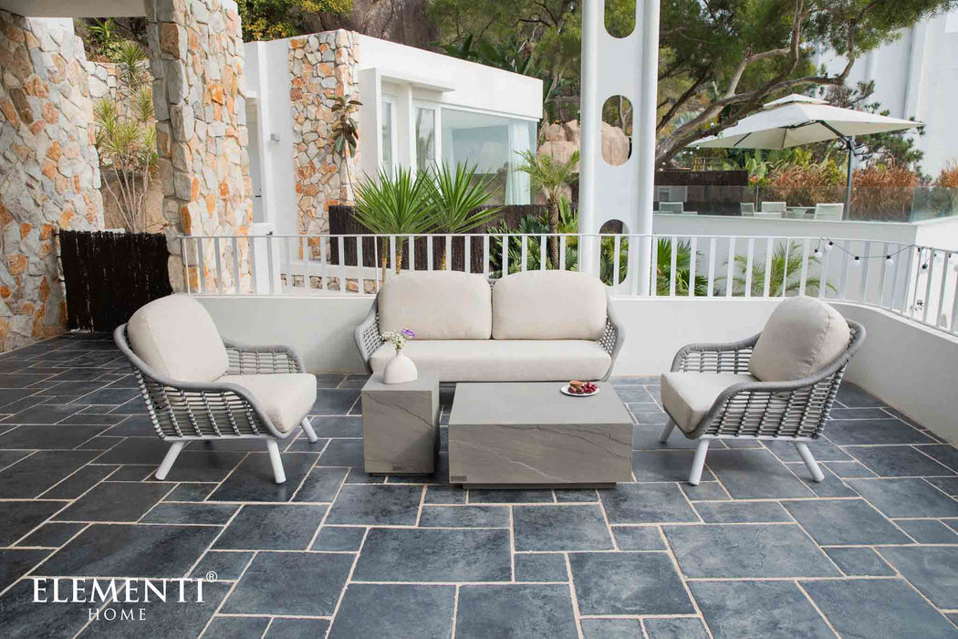 Complete outdoor furniture set from Elementi Colorado series in space grey, including a modern sofa, armchairs, and coffee table.