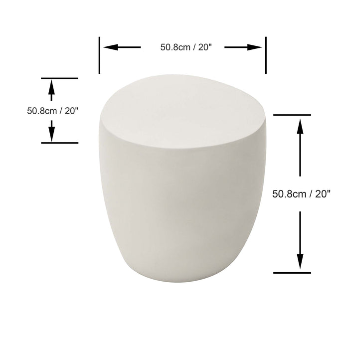 Dimensions of the Elementi Cream White Cobble Side Table, showing its height, width, and depth.