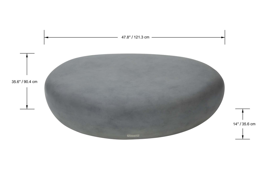 Front view of Elementi Hawaii Large Pebble Table in Moon Grey showing dimensions.