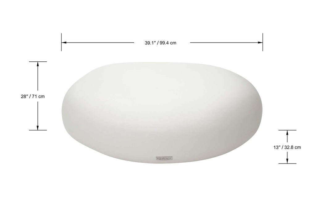 Elementi Hawaii Medium Pebble Table in cloud white, studio shot showing dimensions labeled in front view.