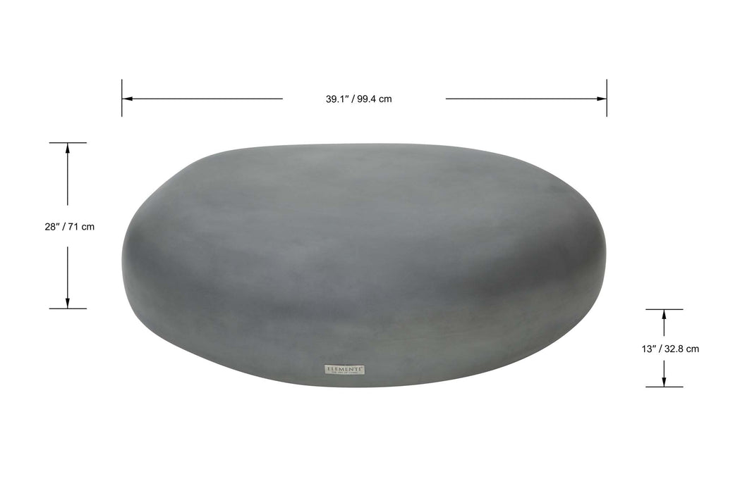 Elementi Hawaii Medium Pebble Table in moon grey, studio shot showing dimensions labeled in front view.