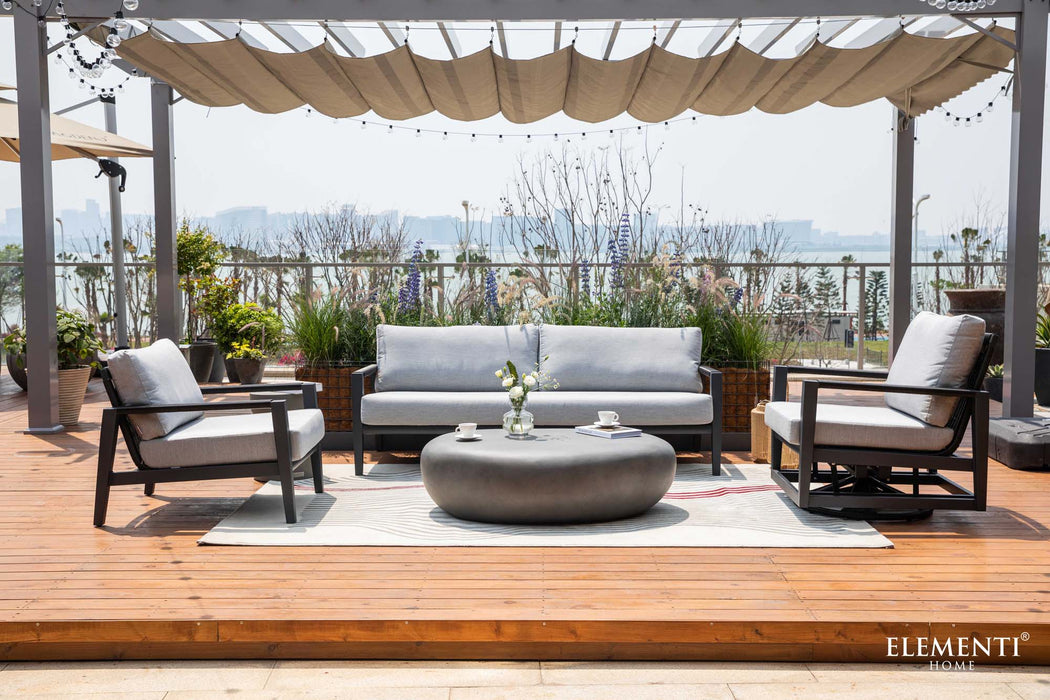 Complete view of the Elementi Laguna Collection in an outdoor setting, featuring comfortable seating options and a modern design aesthetic.