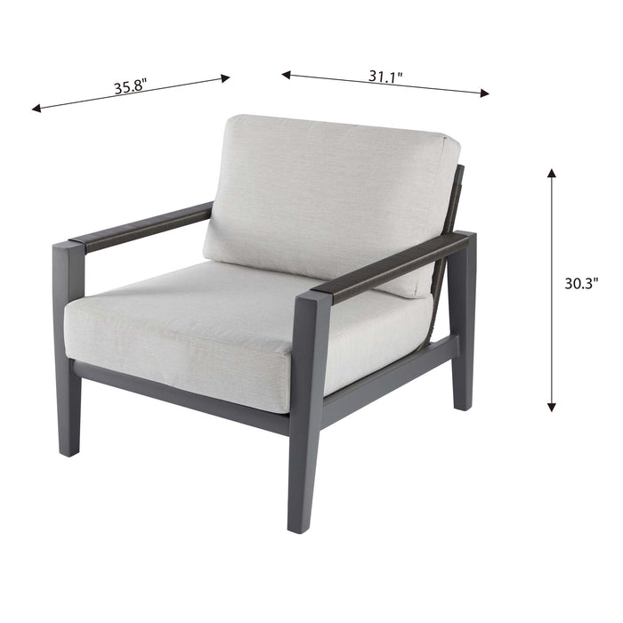 A dimension diagram for the Elementi Laguna Collection lounge chair, showing its width, depth, and height for accurate space planning.