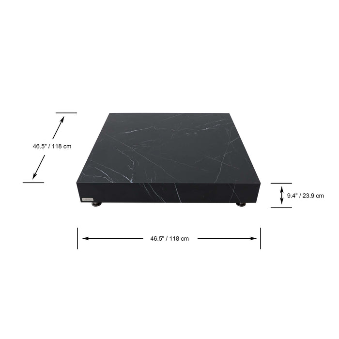 Elementi Marble Porcelain Series Square Large Coffee Table in Bulgaria Black with marked dimensions showing width, length, and height.