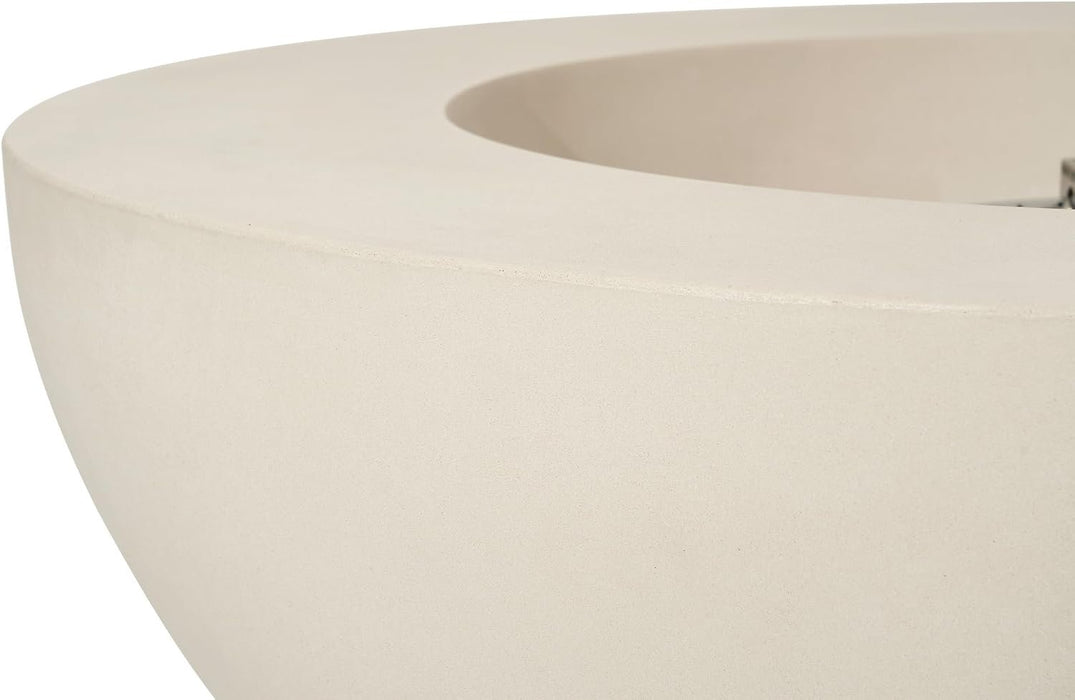 The Elementi Lunar Bowl Fire Table's smooth cream white cast concrete rim and gently curved bowl edge are captured in extreme close-up, highlighting the matte, subtly textured finish and rounded silhouette that define this modern outdoor fire pit table.