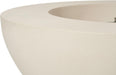 The Elementi Lunar Bowl Fire Table's smooth cream white cast concrete rim and gently curved bowl edge are captured in extreme close-up, highlighting the matte, subtly textured finish and rounded silhouette that define this modern outdoor fire pit table.