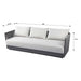 Dimension details of Elementi Capri Collection three-seater outdoor sofa with gray woven armrests and light fabric cushions, shown in frontal view.