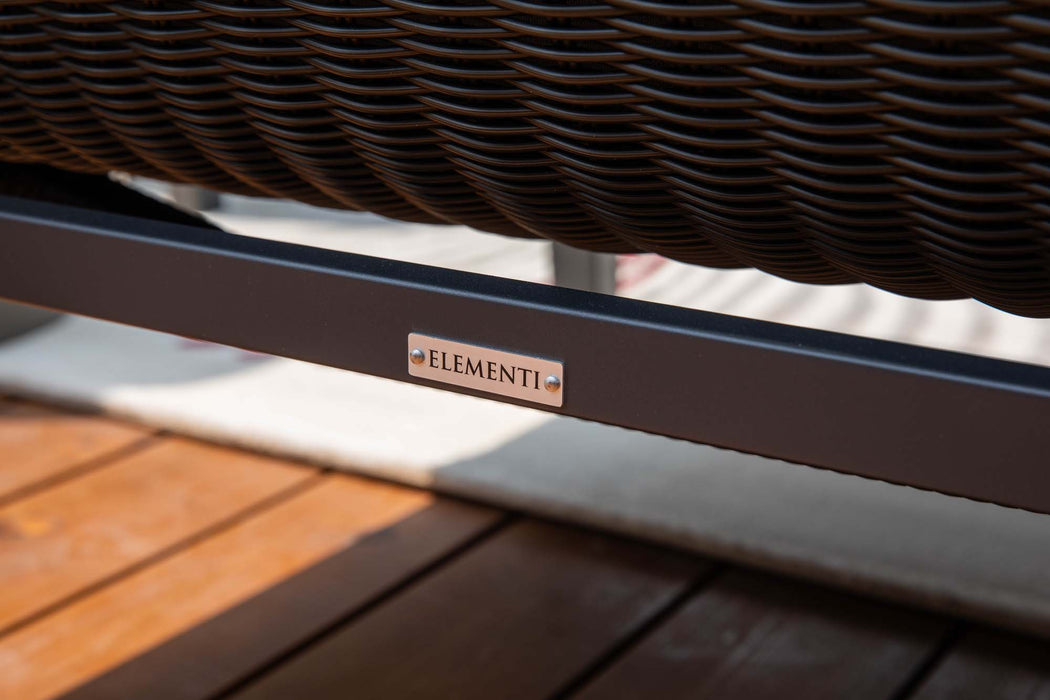 Detail of the Elementi brand sign on Laguna outdoor furniture, emphasizing the quality and design of this stylish collection.