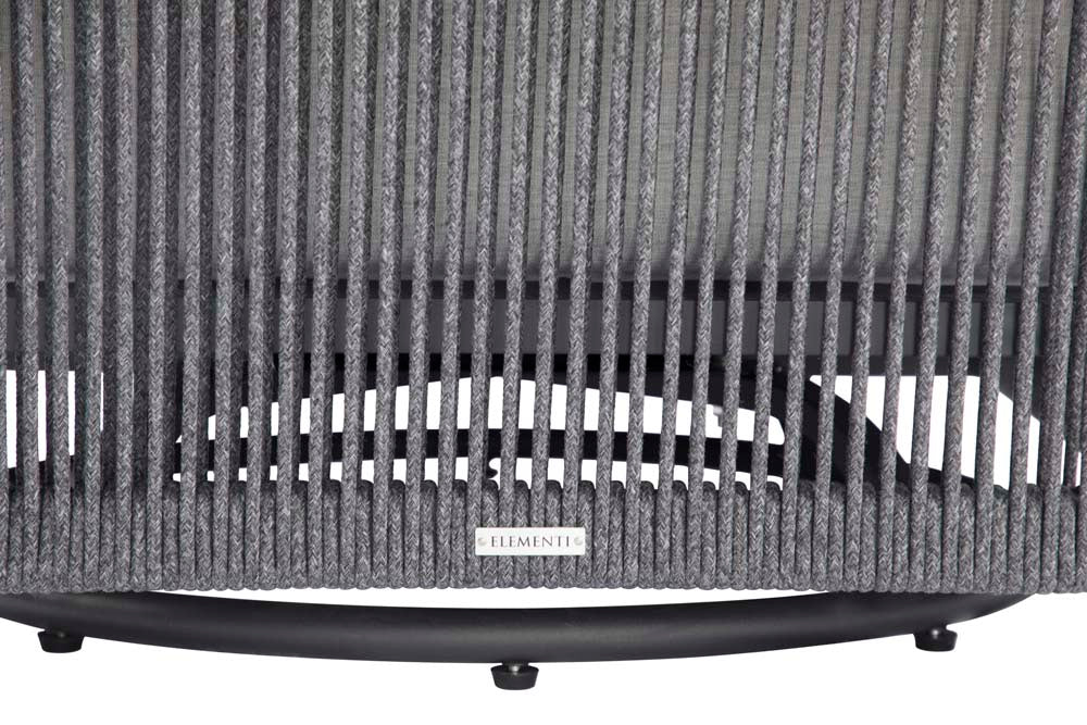 Close-up of the Elementi logo detail on the Capri Collection outdoor swivel chair, showcasing the elegant gray woven rope design and sturdy metal base.