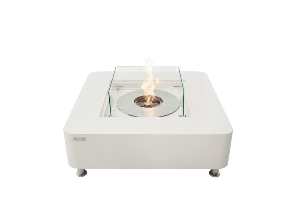 Full view of the Elementi Perth Ethanol Fire Table with clean flames enclosed in a glass guard