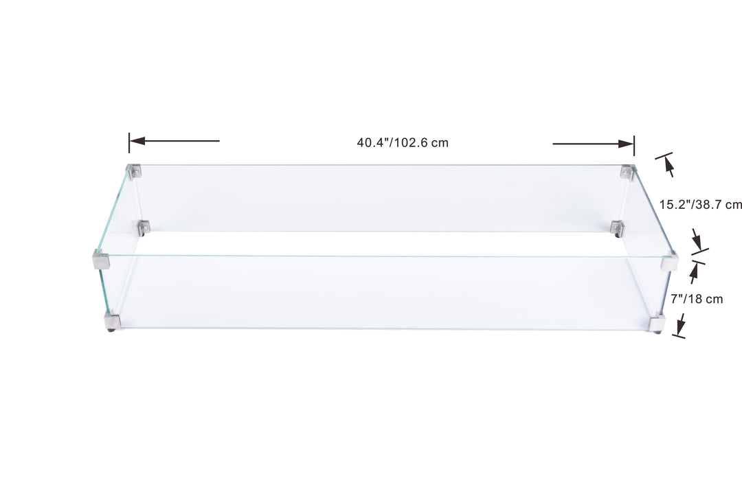 Elementi Plus Rectangular Wind Screen OFG410/415-WS with dimensions 40.4 inches (102.6 cm) in length, 15.2 inches (38.7 cm) in width, and 7 inches (18 cm) in height.