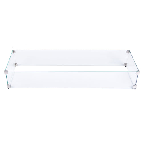 Product image of Elementi Plus Rectangular Wind Screen OFG410/415-WS, showing a clear rectangular glass design with metal corner brackets.