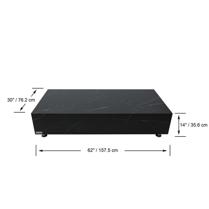 Elementi Marble Porcelain Series Rectangle Coffee Table in Bulgaria Black with marked dimensions showing width, length, and height.