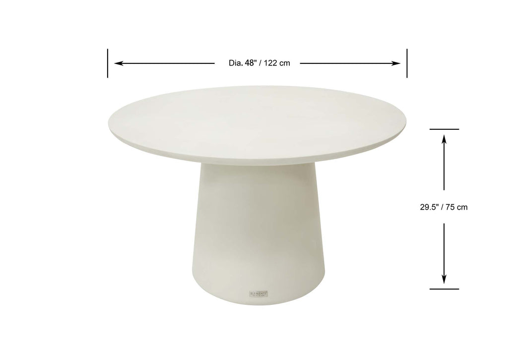 Elementi Rio Dining Table in cream white, studio shot showcasing dimensions labeled in front view.