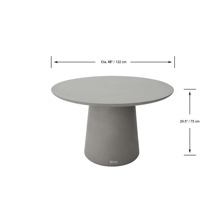 Elementi Rio Dining Table in medium  space grey, studio shot showcasing dimensions labeled in front view.