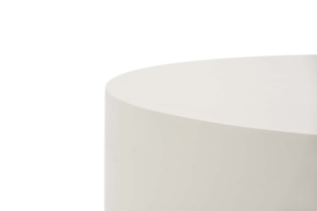 Close-up of the edge of Elementi Rome Cream White Column Table, showing the subtle curve and clean finish.