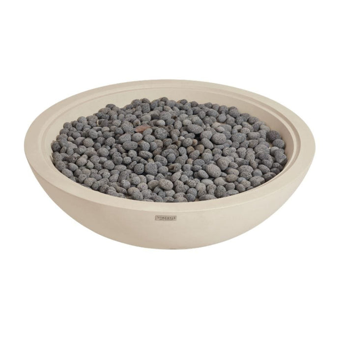 The Elementi Rose Bowl 48 Fire Pit in Frosted Cream White sits unlit on a plain white background, showing its wide round concrete basin filled with dark gray lava rock and a honed, softly textured finish from every angle.