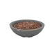 The Elementi Rose Bowl 48 Fire Pit in Moon Gray is photographed unlit on a plain white background, displaying its wide, shallow concrete basin filled with reddish-brown lava rock and a smooth, softly honed matte finish.
