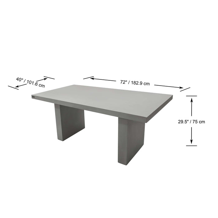 Elementi Santiago Rectangular Dining Table in space grey, studio shot showcasing dimensions labeled in front view.