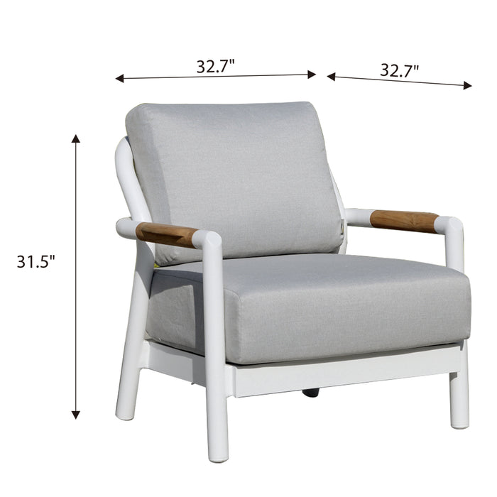 A white Elementi Santorini Collection armchair with light gray cushions, showing dimensions of 32.7" width, 32.7" depth, and 31.5" height.