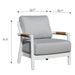A white Elementi Santorini Collection armchair with light gray cushions, showing dimensions of 32.7" width, 32.7" depth, and 31.5" height.