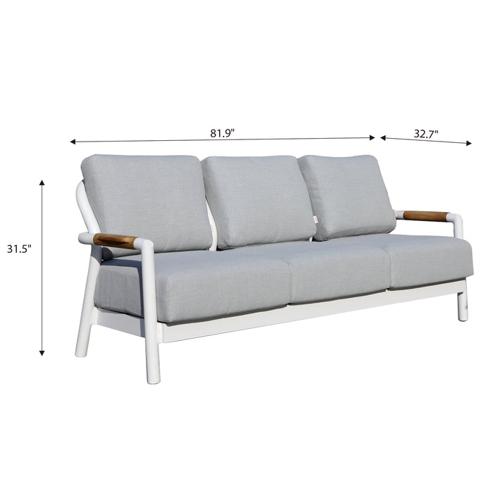 A white Elementi Santorini Collection three-seater sofa with light gray cushions, showing dimensions of 81.9" width, 32.7" depth, and 31.5" height.