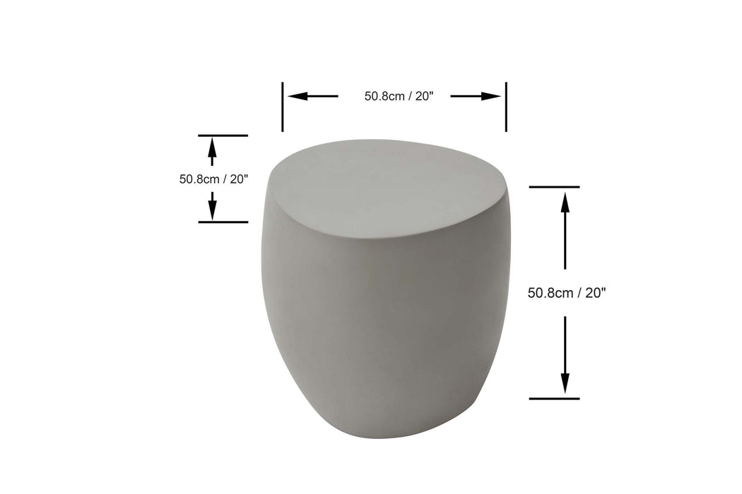 Dimensions of the Elementi Space Grey Cobble Side Table, displaying its width, depth, and height.