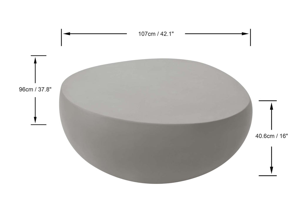 Dimensions of the Elementi Space Grey Coffee Table, showing height, width, and depth.