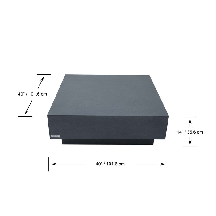 A diagram displaying the dimensions of the Elementi Tevere Series Square Coffee Table in Slate Black with detailed measurements.