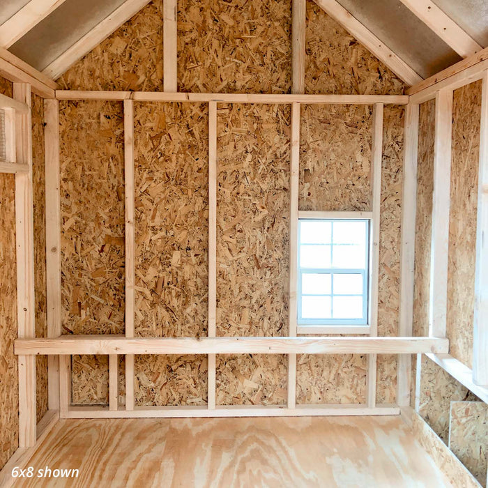 Interior layout of the 6x8 Colonial Gable Coop showing wooden floor and framed window.