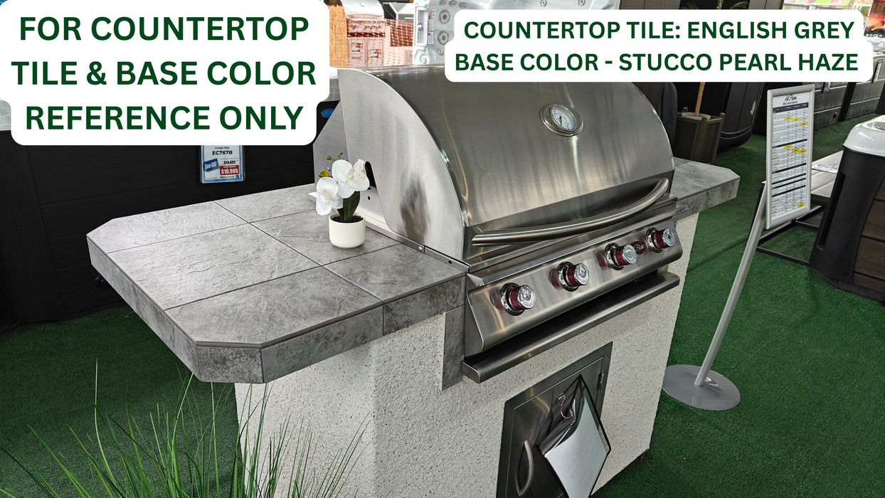 English Grey countertop with pearl haze stucco on BBK-870 Cal Flame 8 ft L-Shaped Outdoor BBQ Kitchen Island, built for entertaining.