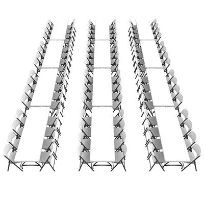 Long row layout using Lifetime Commercial Folding Table And Chairs Set, ideal for banquets, training sessions, school events, and parties