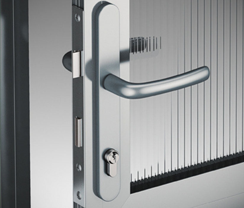 A close-up view of the Hoklartherm Nelke Pro 4 Greenhouse door handle, highlighting its sleek and ergonomic design.