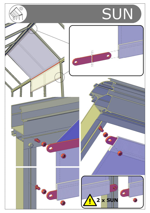Installation diagram of Exaco Fixed Shadecloth SUN system showing hardware, attachment details, and structural setup inside greenhouse frame.