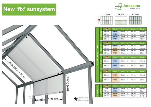 Exaco Fixed Shadecloth SUN250 and SUN350 sizing guide showing measurements for Helios, Gigant, EOS, Modern, and Arcadia greenhouse models.