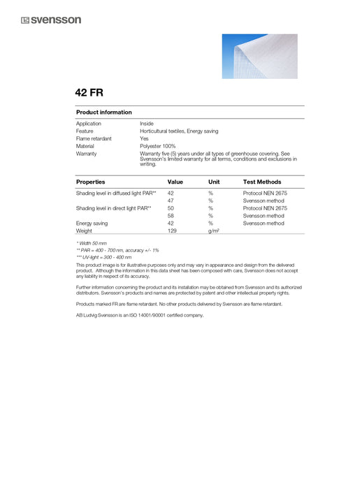 Svensson 42 FR fabric data sheet for Exaco Fixed Shadecloth, showing shading levels, flame-retardant polyester material, and horticultural energy savings.