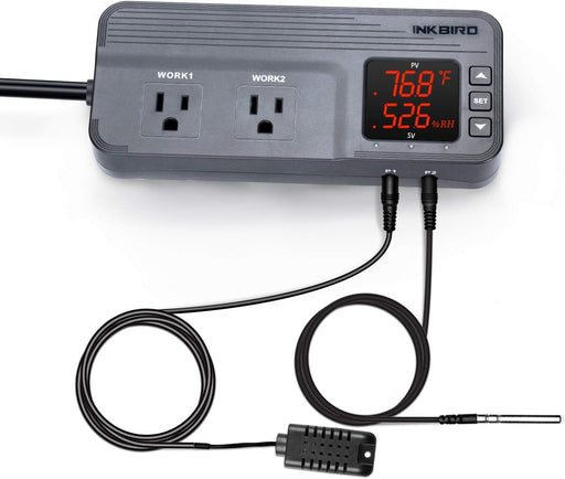 Close-up of Exaco INKBIRD ITC-608T thermostat with dual probes for accurate greenhouse temperature and humidity control