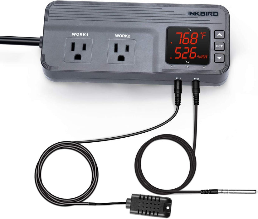 Close-up of Exaco INKBIRD ITC-608T thermostat with dual probes for accurate greenhouse temperature and humidity control