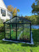 Front view of Exaco Janssens Royal Victorian VI 36 Greenhouse with glass panels, green frame, and raised garden beds inside, set on lush green lawn.