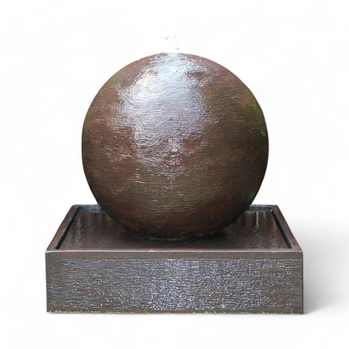 Exaco Luna Ball Fountain in rustic brown finish, round garden water feature on square base