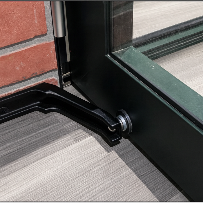 Black magnetic hinged door holder mounted on a greenhouse stem wall, keeping the door open at a 90-degree angle.